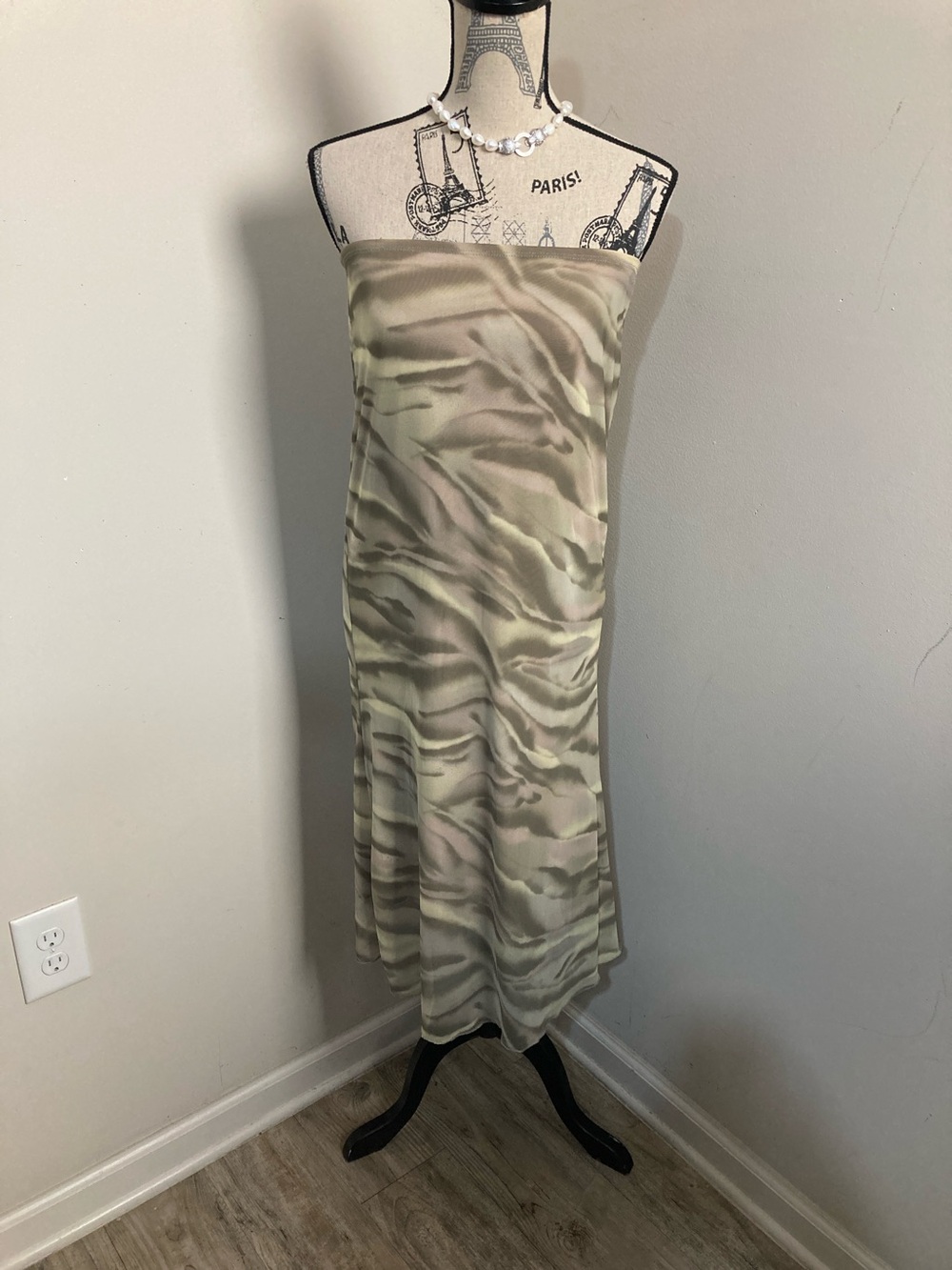 See You Monday Strapless Midi Dress in Olive and Beige Camouflage